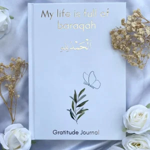 A premium guided gratitude journal designed to help you reflect on blessings, track daily achievements, and grow in faith. Includes prompts for reflection, dua, and acts of kindness.